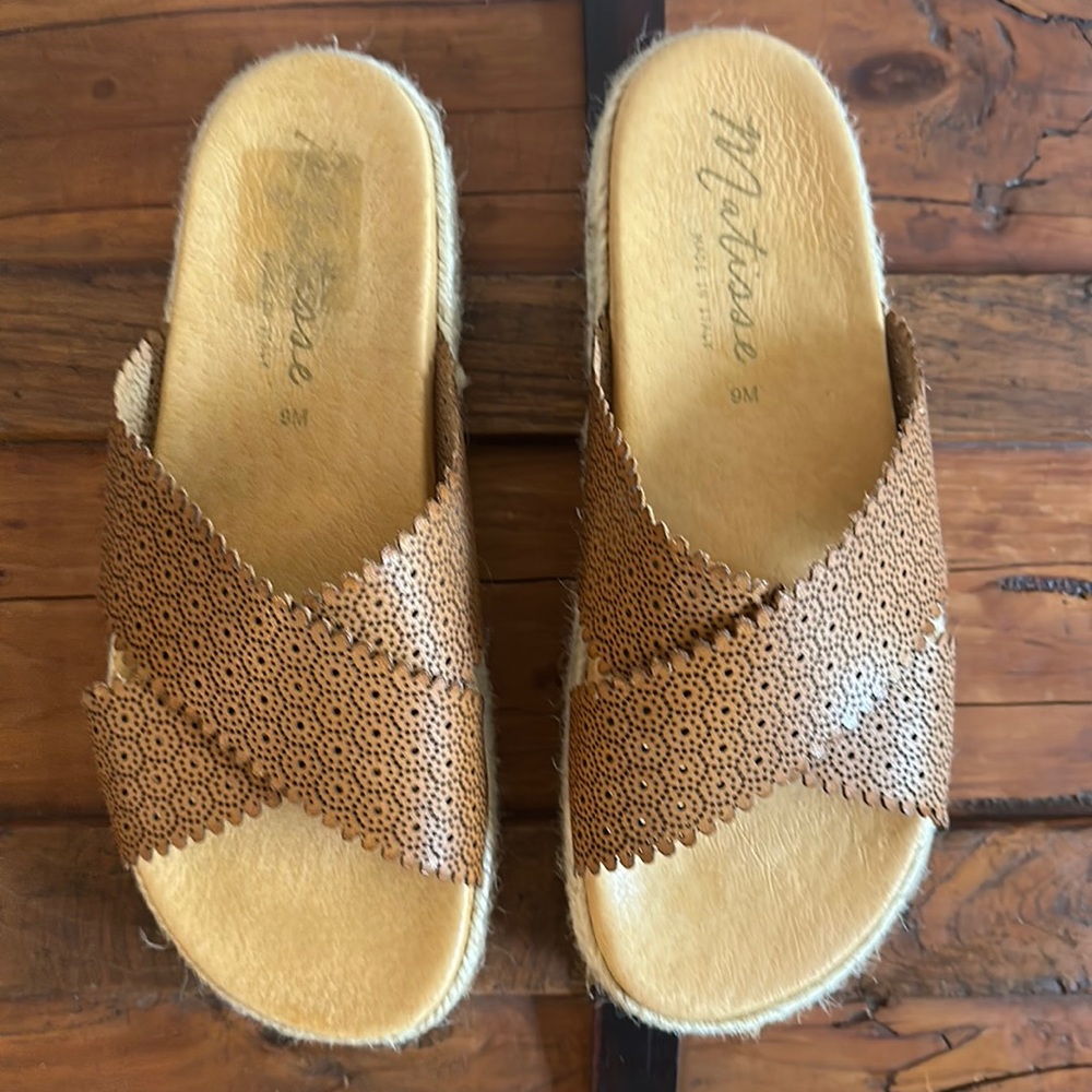 Matisse brown leather upper espadrille slide